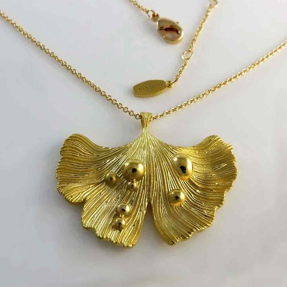 ARY D'PO • Ginkgo Leaf Pendant-Necklace 14K Gold Over Brass