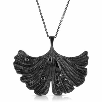 Rhodium Plated Pendant-Necklace Black Ginkgo Leaf