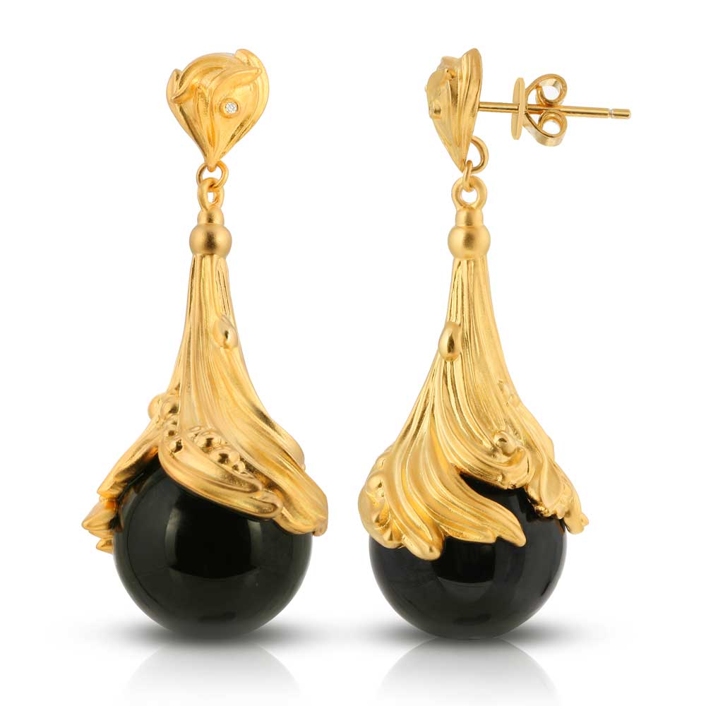 Black Agate & Diamond 18K Gold plated St. Silver Earrings