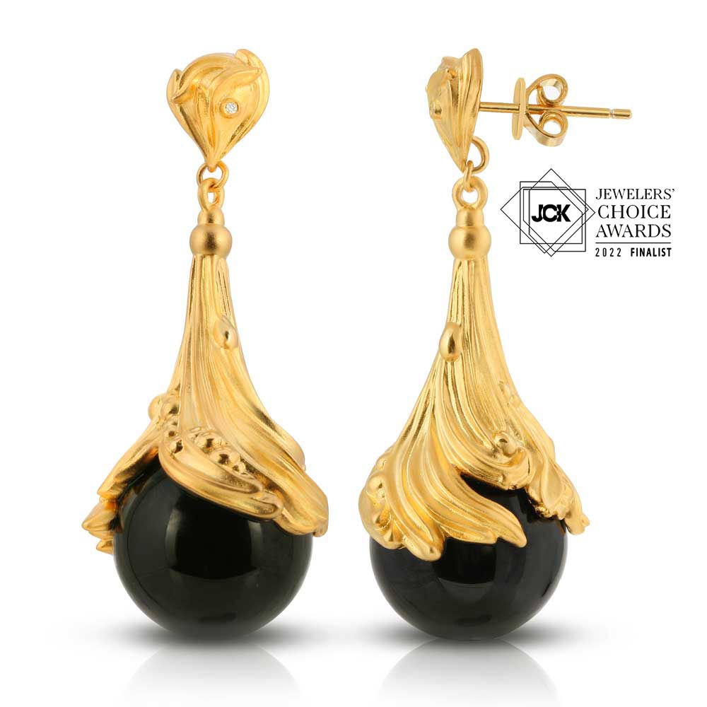 Black Agate & Diamond 18K Gold plated St. Silver Earrings JCK 2022 Jewelers Choice Award