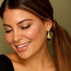 Black Agate & Diamond 18K Gold plated St. Silver Earrings