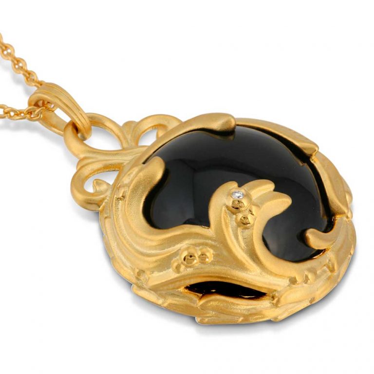 Black Jewel Black agate diamond 18k Gold plated st. silver pendant necklace