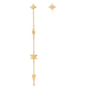 Shiny Stars Drop & Stud Asymmetric Earrings 18K Gold over St. Silver