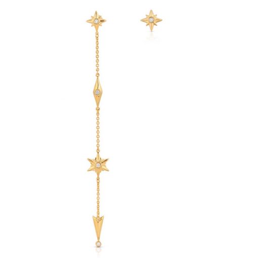 Shiny Stars Drop & Stud Asymmetric Earrings 18K Gold over St. Silver