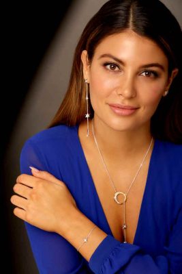 Beautiful model with brown long hair showcasing ARY D'PO Shiny Stars Jewelry Collection in Rhodium over Sterling Silver, lariat necklace, asymmetric earrings and bracelet