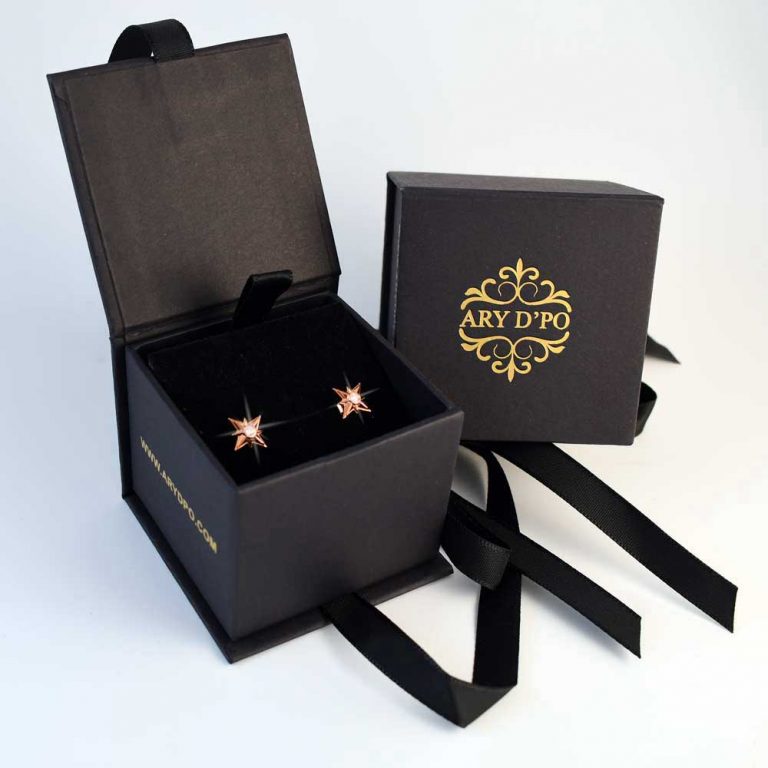 Shiny Stars Stud Earrings 18K Rose Gold over Sterling Silver in the box with ARY D'PO logo