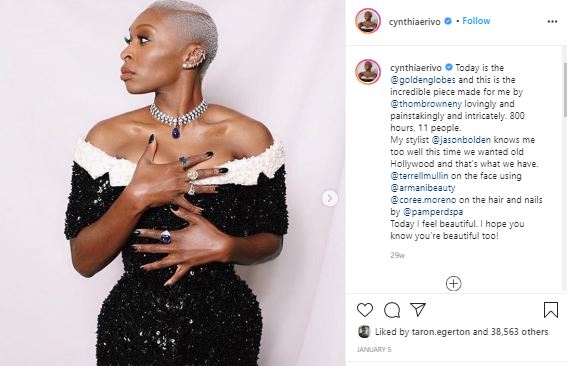 Cynthia Erivo wearing Tom Browne sequinned gown and Blvgari necklace