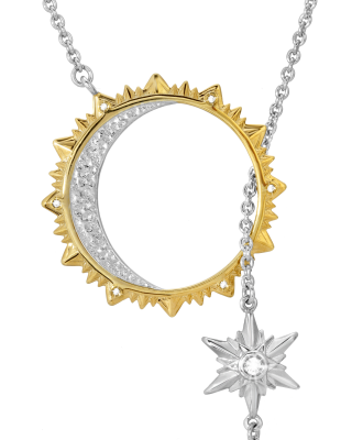 Sun, Moon, Star 18K gold and rhodium plated sterling silver lariat necklace by ARY D'PO as symbolic jewelry