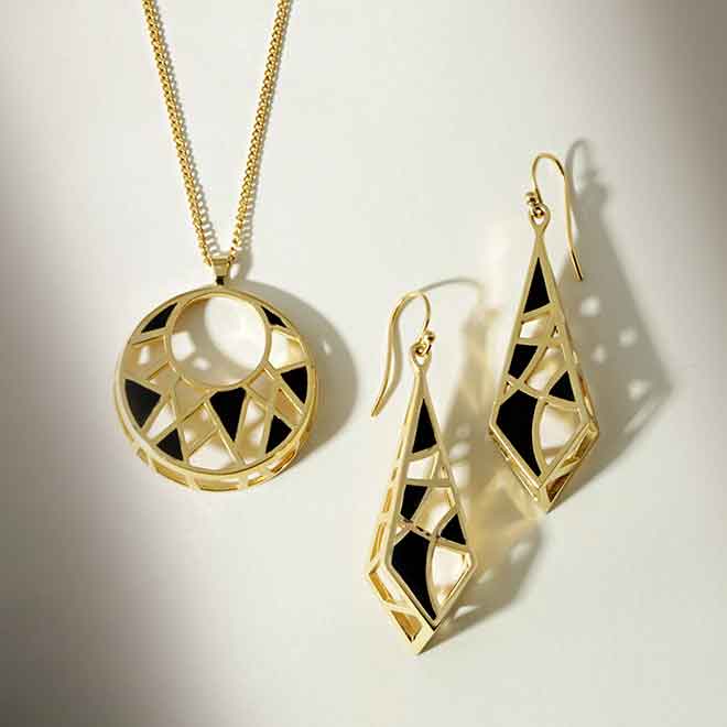 Dream Collection Gold with black enamel pendant and earrings