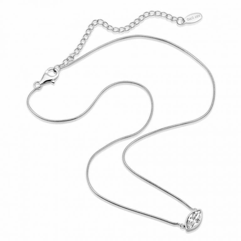 Petite Marquise Snake chain drop Necklace Matte Rhodium over .925 sterling silver with marquise cut Swarovski crystal available in White and Sapphire Blue