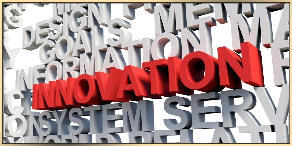 Innovation sign surrounded by many criteria interconnected with innovation