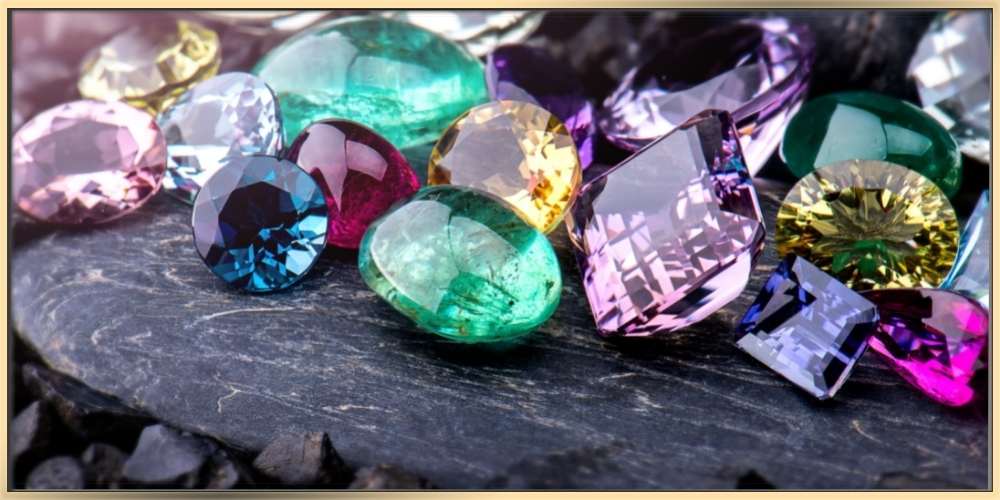 Colorful gemstones on a black stone for the article A Guide To The Most Popular Gemstones Used In Jewelry