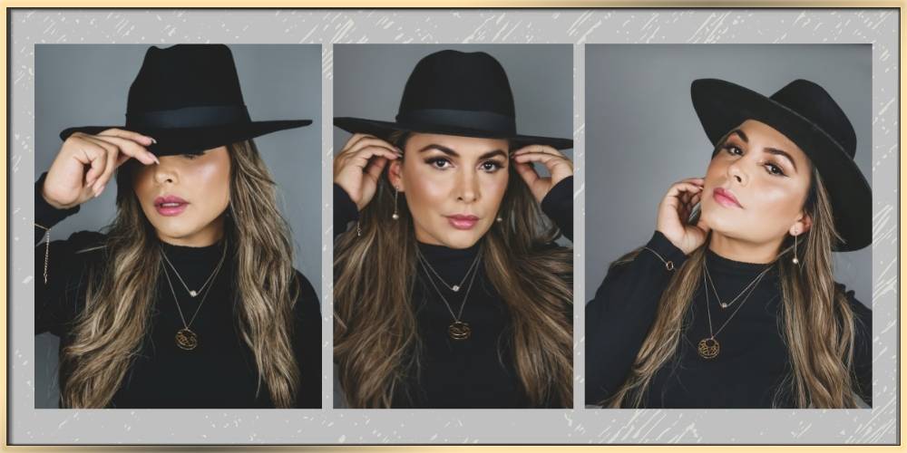 Three images of a fashionista wearing black top and hat and arydpo jewelry. She feels beautiful and confident.