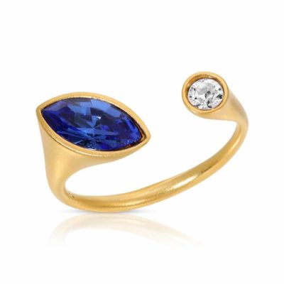 Matte Gold Vermeil Open Ring Urban Marquise with Sapphire Blue Swarovski Crystals
