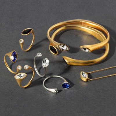 arydpo Urban Marquise rings and bracelets in gold and rhodium with Swarovski crystals