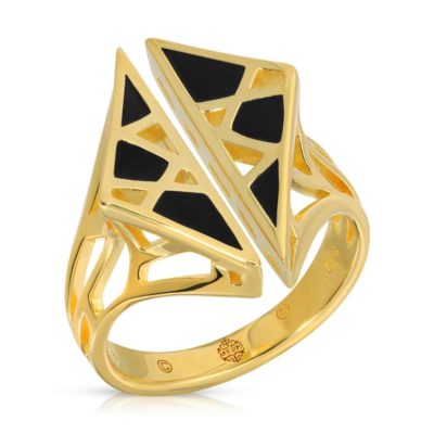 Dream Black Enamel on Gold Open Adjustable Ring - front