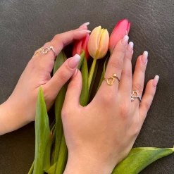 Ladies delicate hands hugging red tulips and she wears multiple rhodium over 0.925 Sterling Silver open resizable ring with white CZ in a Twisted Orb
