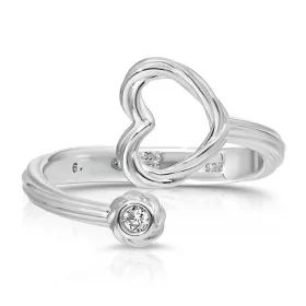 Rhodium over 0.925 Sterling Silver open resizable ring with white CZ in a Twisted Orb