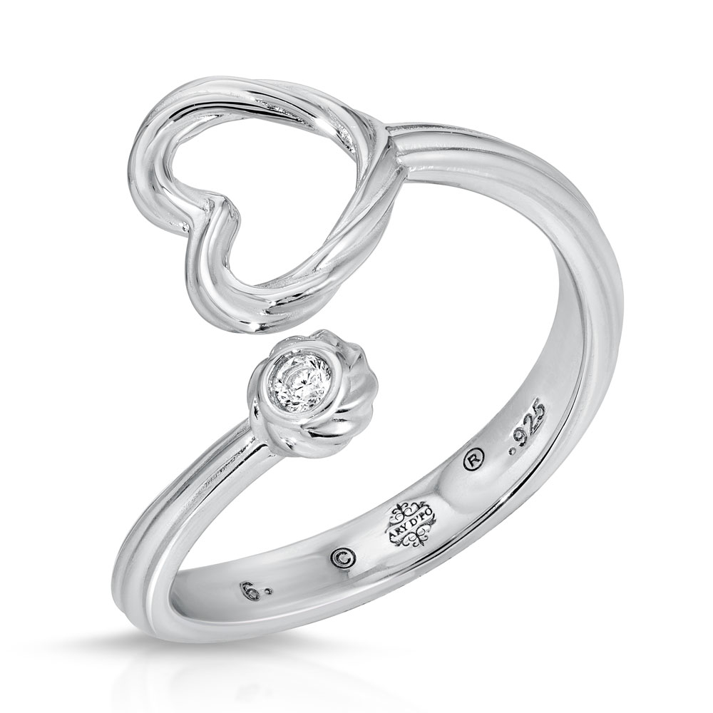 Rhodium over 0.925 Sterling Silver open resizable ring with white CZ in a Twisted Orb