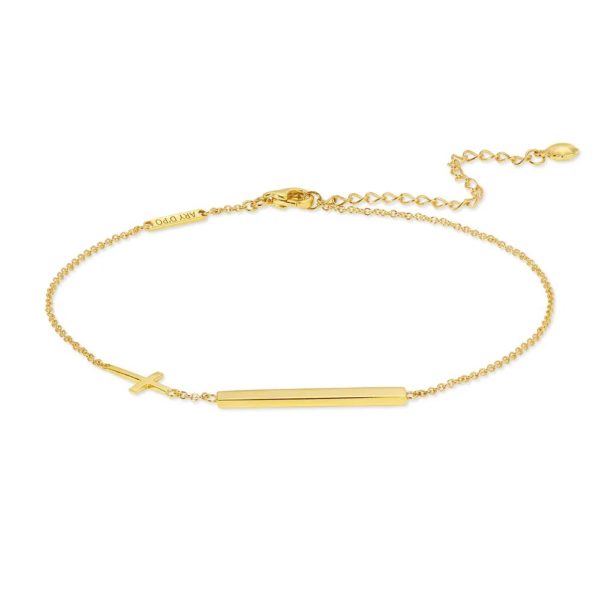 Bar Bracelet with lobster clasp with Cross Charm in 14K yellow gold front view