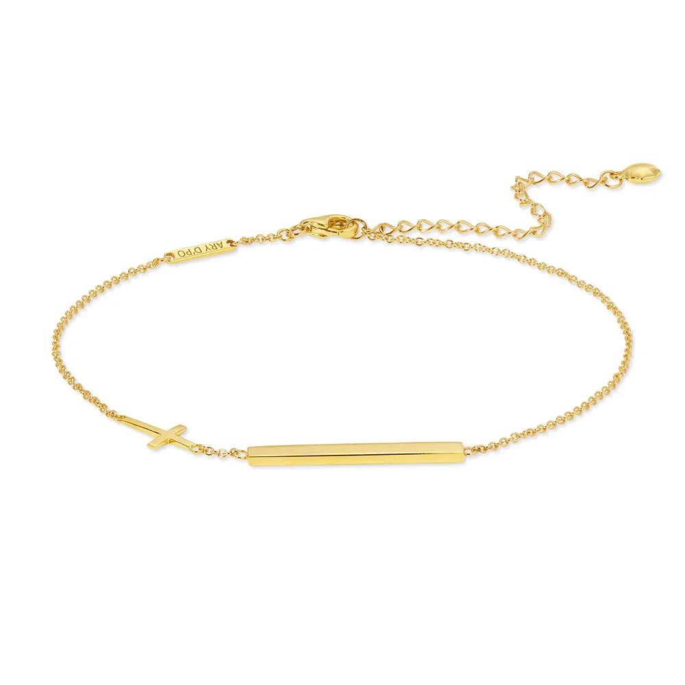 Bar Bracelet with lobster clasp with Cross Charm in 14K yellow gold front view