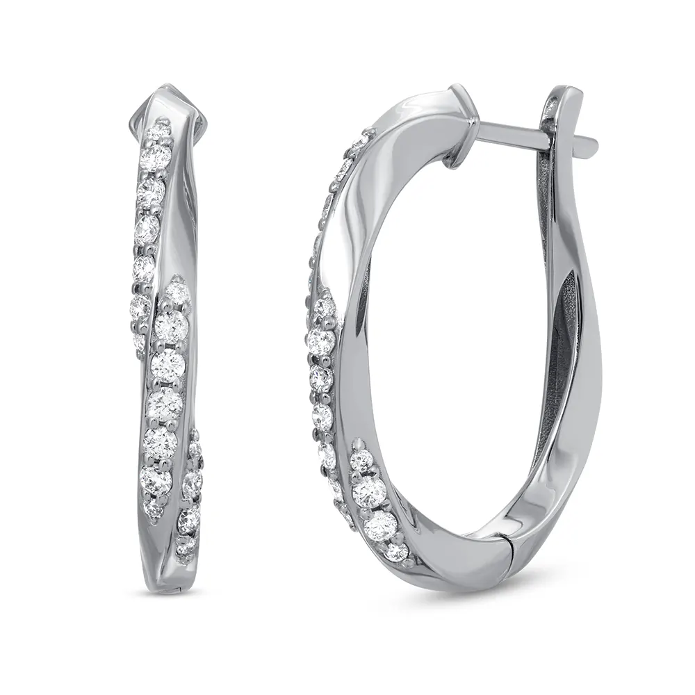 Twisted Medium Hoop Earrings in 18K White Gold with Diamonds