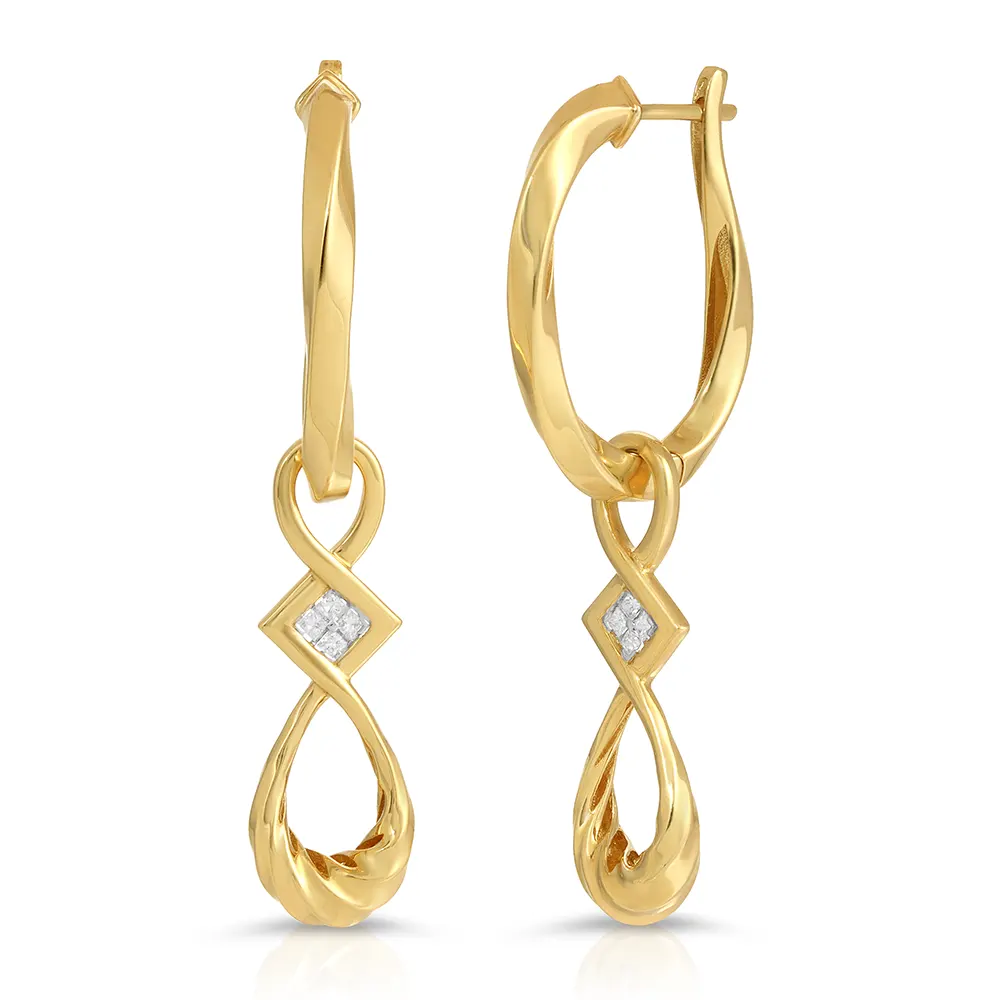 Twisted Medium Hoop Earrings with Pendants in 18K Yellow Gold with Diamonds 1