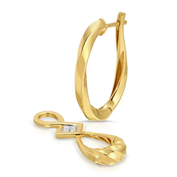 Twisted Medium Hoop Earrings with Pendants in 18K Yellow Gold with Diamonds 2