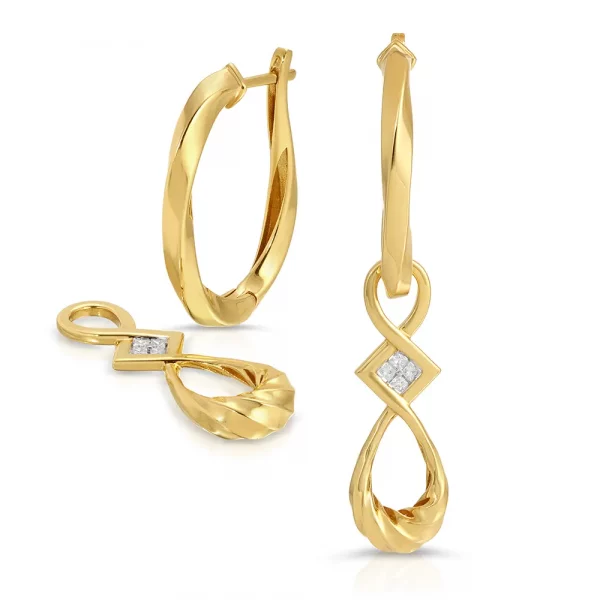 Twisted Medium Hoop Earrings with Pendants in 18K Yellow Gold with Diamonds 3