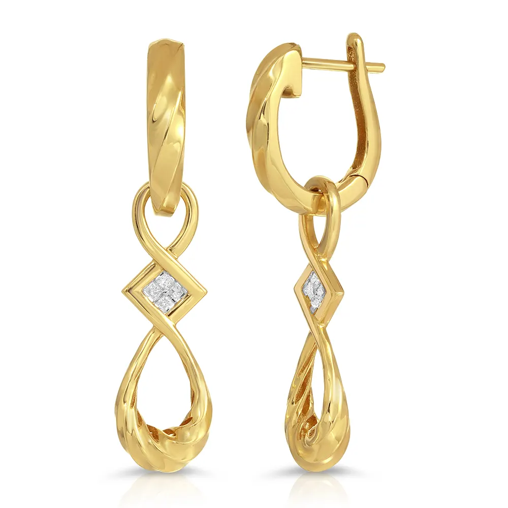 Twisted Small Hoop Earrings with Pendants in 18K Yellow Gold with Diamonds 1