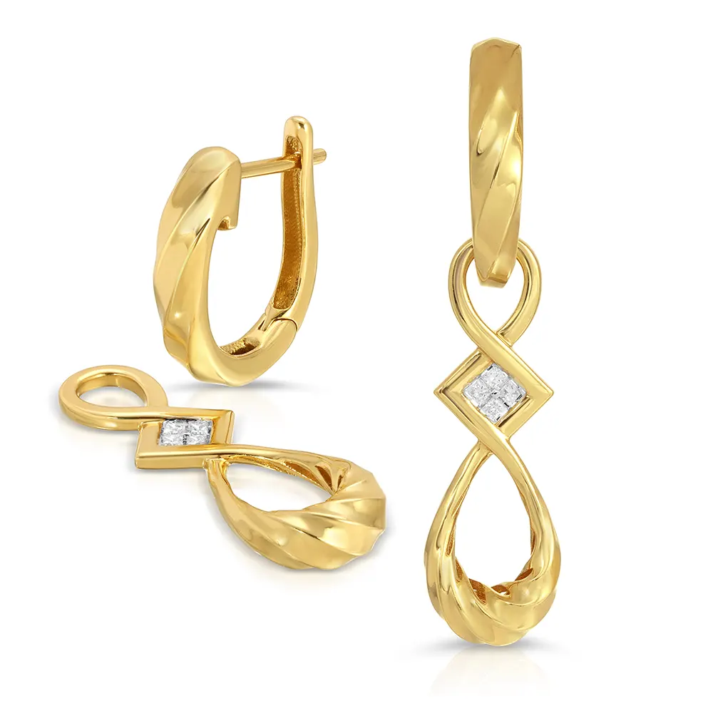 Twisted Small Hoop Earrings with Pendants in 18K Yellow Gold with Diamonds 3