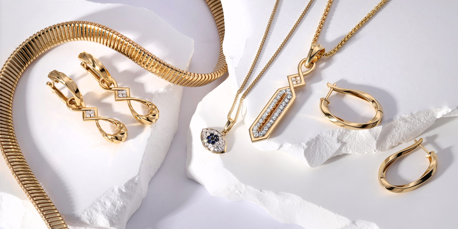 ARY D'PO mixed items, such as versatile earrings, pendants, chains, and necklaces from the Fine Jewelry collection showcasing the artistic creations featuring gold and diamonds presented on a white background.