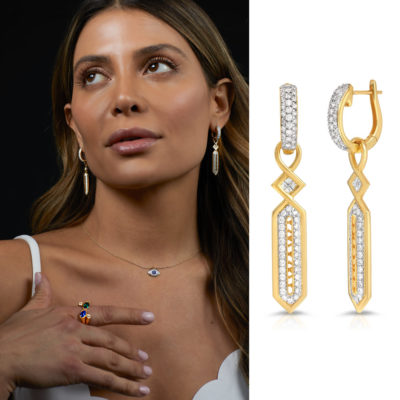 Eternity Hoop Earrings with Art Deco Removable Pendants in 18K Yellow Gold & Diamonds_1