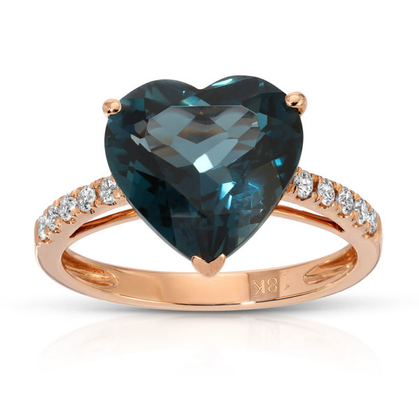 Ring 18k Rose Gold with 1 London Blue Topaz Heart shaped 11x11mm 8.70ct and 10 Diamonds 0.19ct