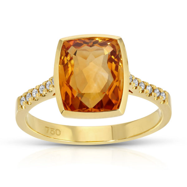 Ring 18k Yellow Gold with 1 Citrine Octagon 10x8mm 3.00ct and 12 Diamonds 0.08ct