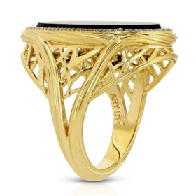 A ring in yellow gold with flack agate oval stone on top surrounded with diamond stones. The gold ring has a V-shaped pattern twisted band which branches like a tree of life with a double V for Victory and straight