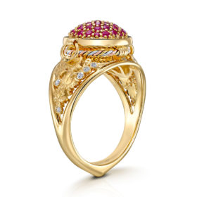 The Karas Tribute Ring designed by ARY D'PO: A luxurious piece of wearable art, this 18K Yellow Gold cocktail ring is meticulously crafted in the shape of a traditional Armenian Karas (wine jar). The design tells a story: vibrant, deep-red rubies symbolize the rich wine held within, while sparkling, pave-set diamonds represent pure water droplets, essential for the vine. The setting is completed with hand-sculpted gold grape leaves adorning the sides, celebrating the ancient art of winemaking. This unique ring is a true conversation starter and an heirloom piece.